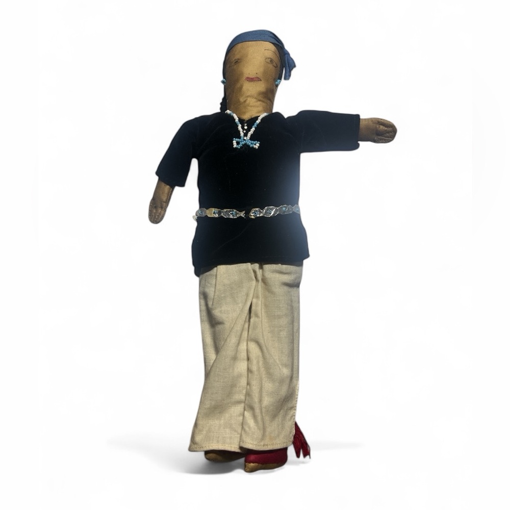 Vintage 12” Handmade Folk Cloth Doll Black Velvet Top Turquoise Bead Jewelry‎
